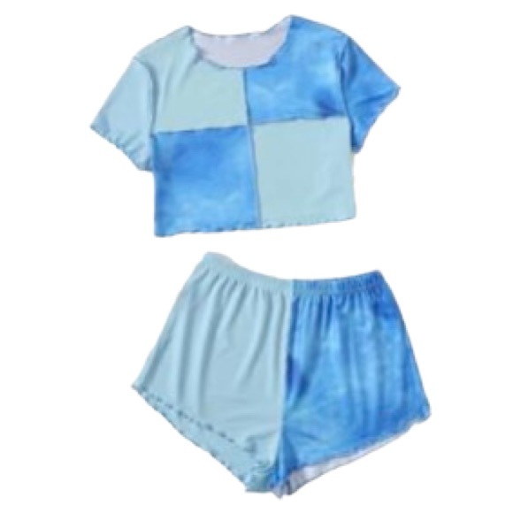 Blue Tie Dye Ribbed Patch Work Lettuce Trim Short Sleeve Crop Top & Shorts Set - Picture 5 of 5